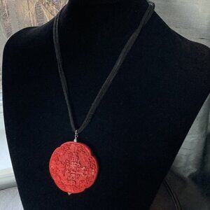 Vintage Carved Cinnabar Pendant, Sterling Silver & Leather, Chinese Necklace